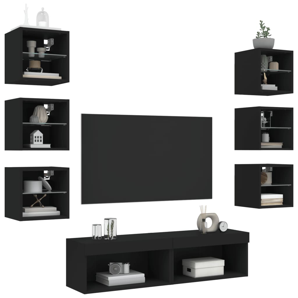 Mobili TV a Muro con LED 8pz Neri in Legno Multistrato 3216634