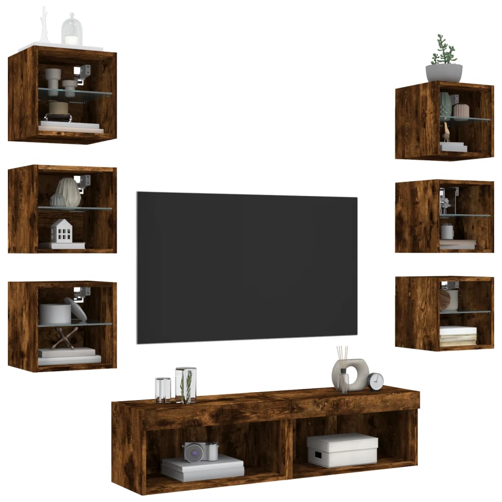 Mobili TV a Muro con LED 8pz Rovere Fumo in Legno Multistrato 3216637