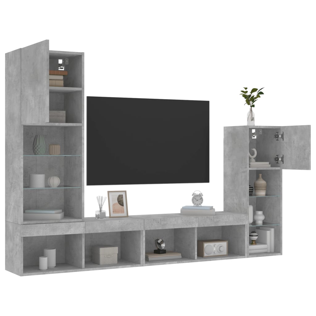 Mobili TV a Muro con LED 4pz Grigio Cemento Legno Multistrato 3216650