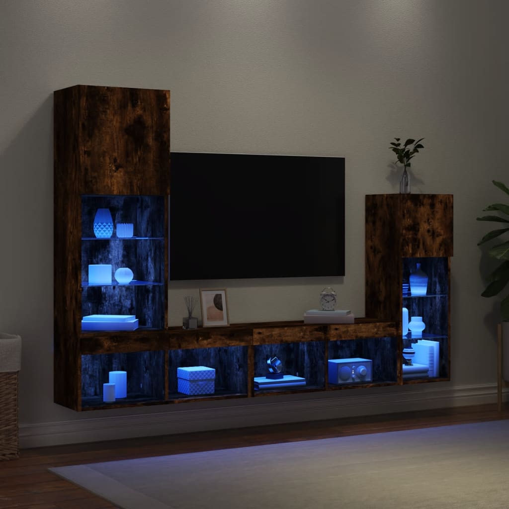 Mobili TV a Muro con LED 4pz Rovere Fumo in Legno Multistrato 3216651