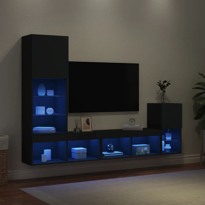 Mobili TV a Muro con LED 4pz Neri in Legno Multistrato 3216662