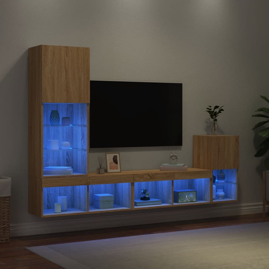 Mobili TV a Muro con LED 4pz Rovere Sonoma Legno Multistrato 3216663