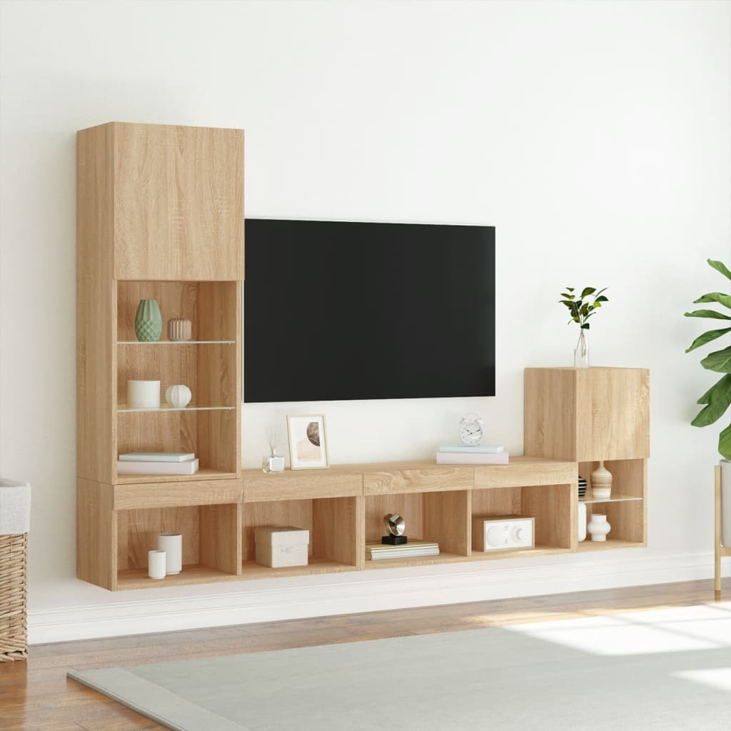 Mobili TV a Muro con LED 4pz Rovere Sonoma Legno Multistrato 3216663