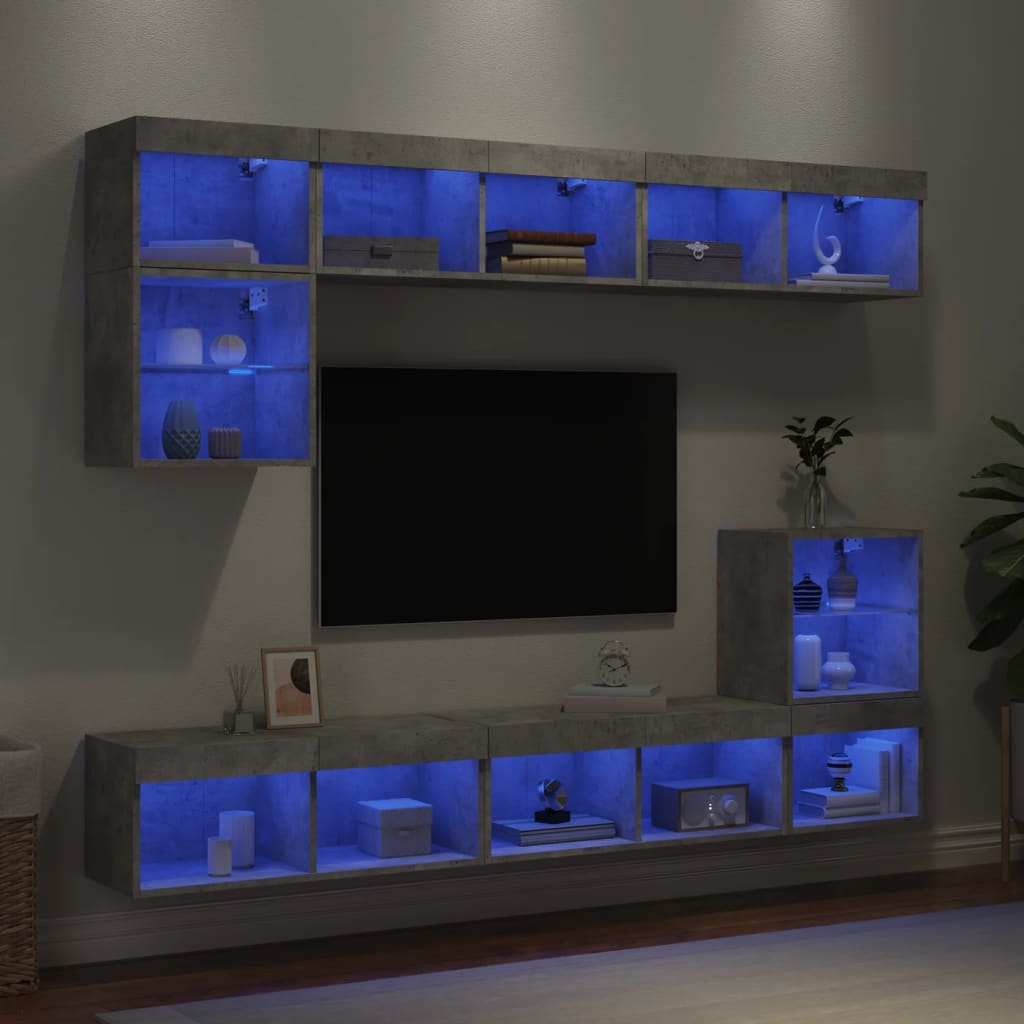 Mobili TV a Muro con LED 8pz Grigio Cemento Legno Multistrato 3216671