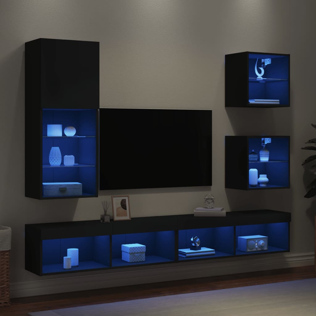 Mobili TV a Muro con LED 5pz Neri in Legno Multistrato 3216676