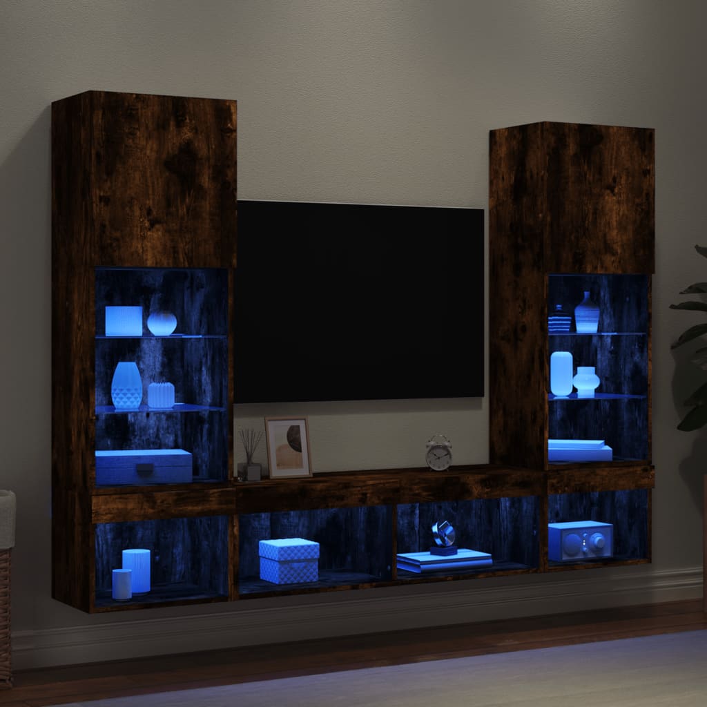 Mobili TV a Muro con LED 5pz Rovere Fumo in Legno Multistrato 3216694