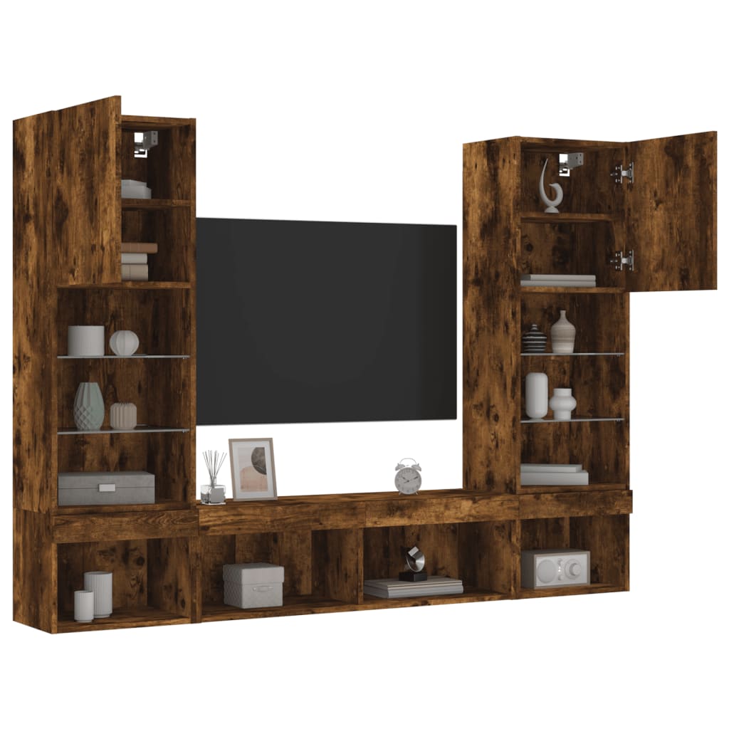 Mobili TV a Muro con LED 5pz Rovere Fumo in Legno Multistrato 3216694