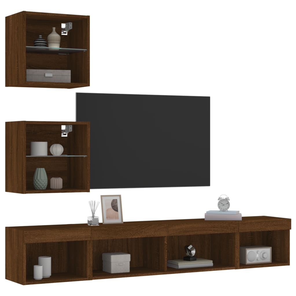 Mobili TV a Muro con LED 5pz Rovere Marrone Legno Multistrato 3216703