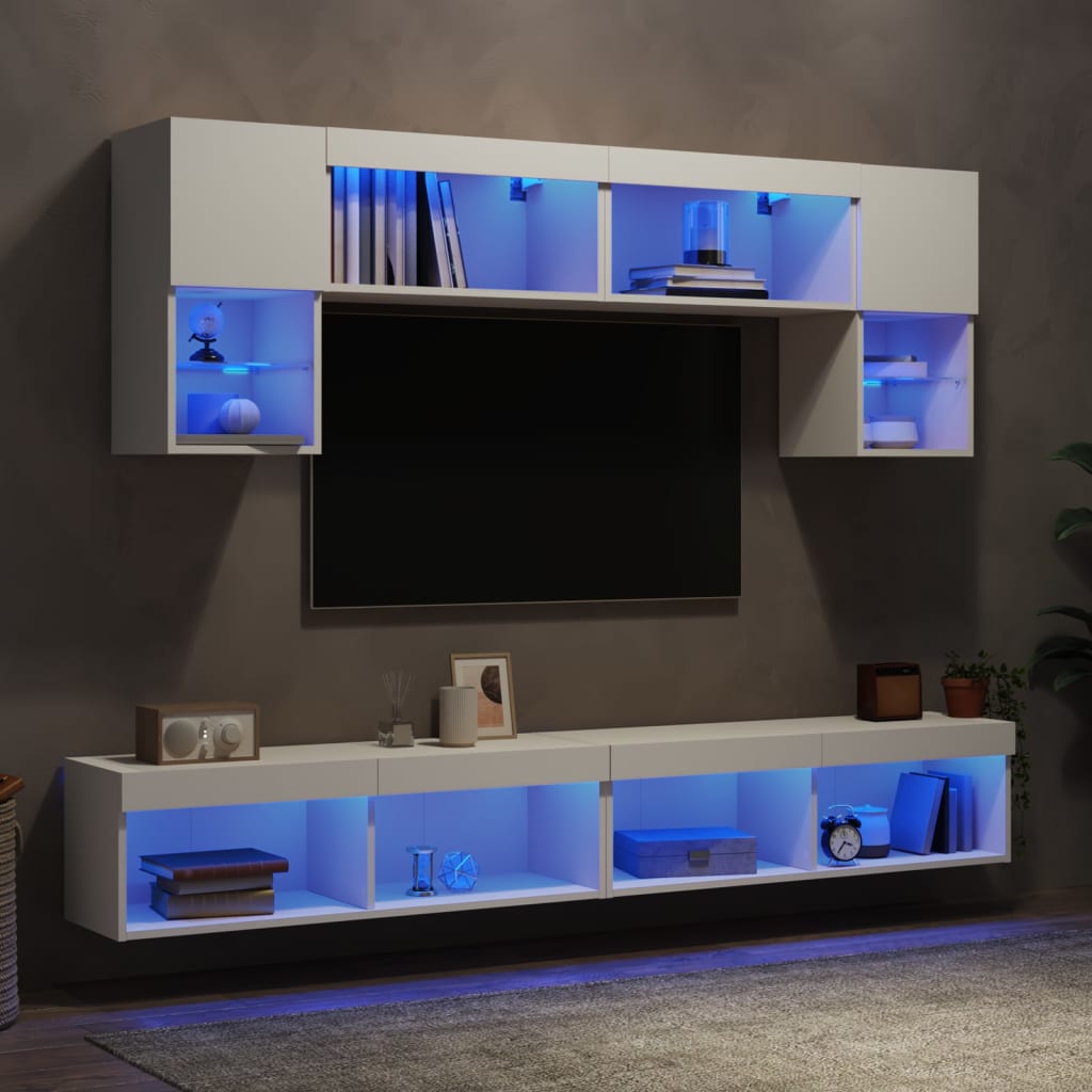 Mobili TV a Muro con LED 6pz Bianchi in Legno Multistrato 3216704