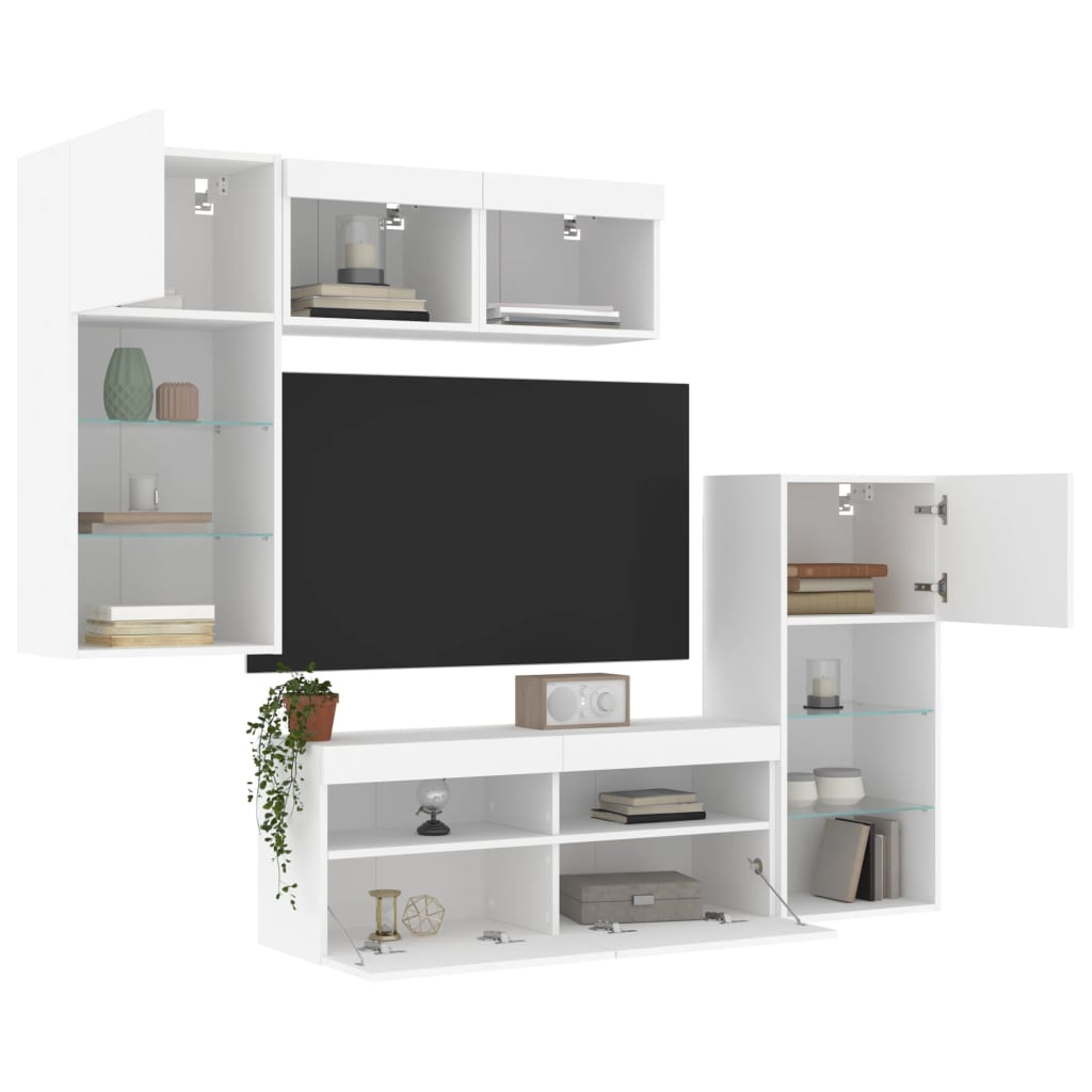 Mobili TV a Muro con LED 5pz Bianchi in Legno Multistrato 3216725