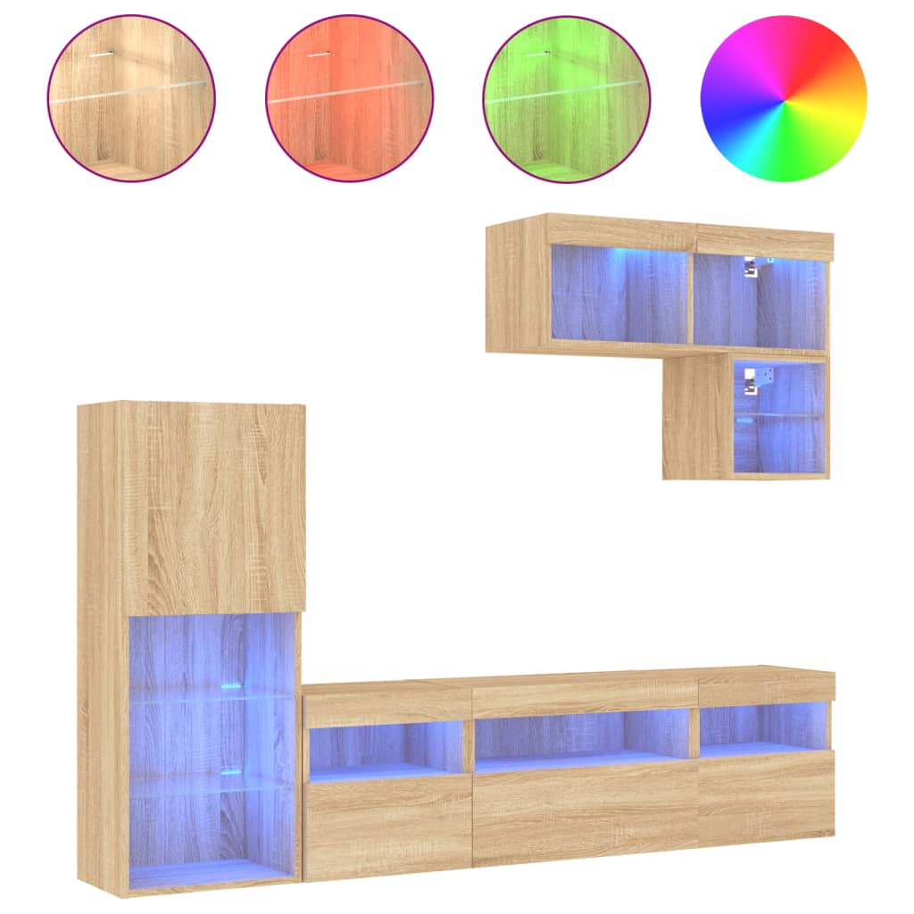 Mobili TV a Muro con LED 6pz Rovere Sonoma Legno Multistratocod mxl 86564