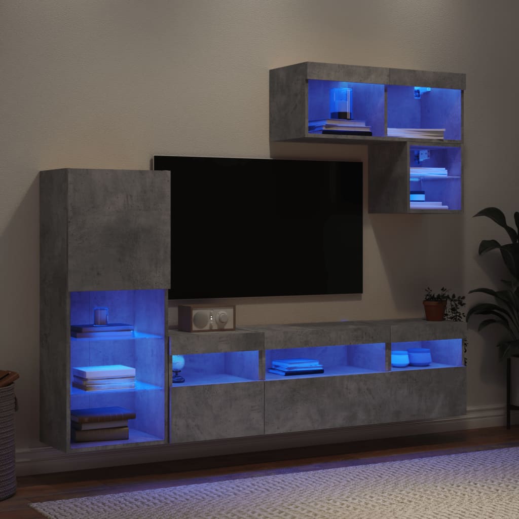 Mobili TV a Muro con LED 6pz Grigio Cemento Legno Multistrato 3216735