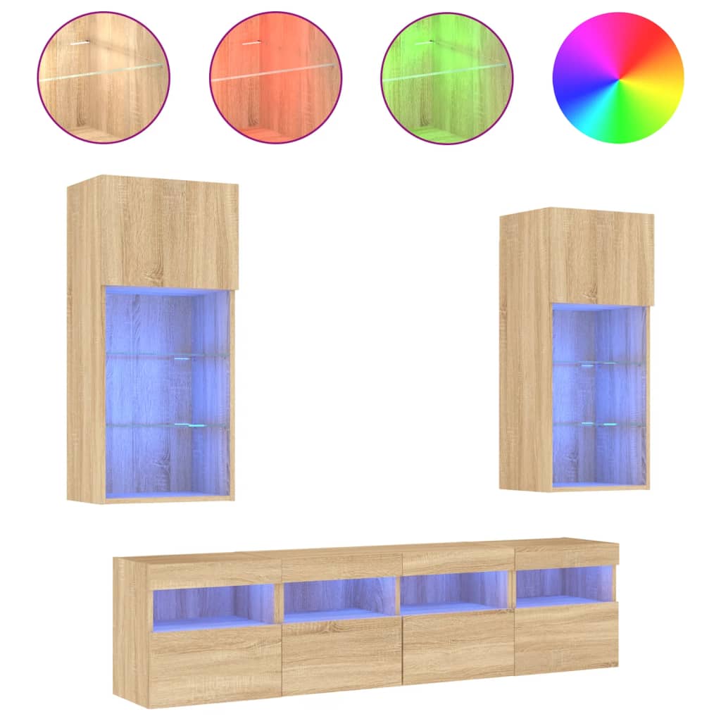 Mobili TV a Muro con LED 5pz Rovere Sonoma Legno Multistrato 3216745