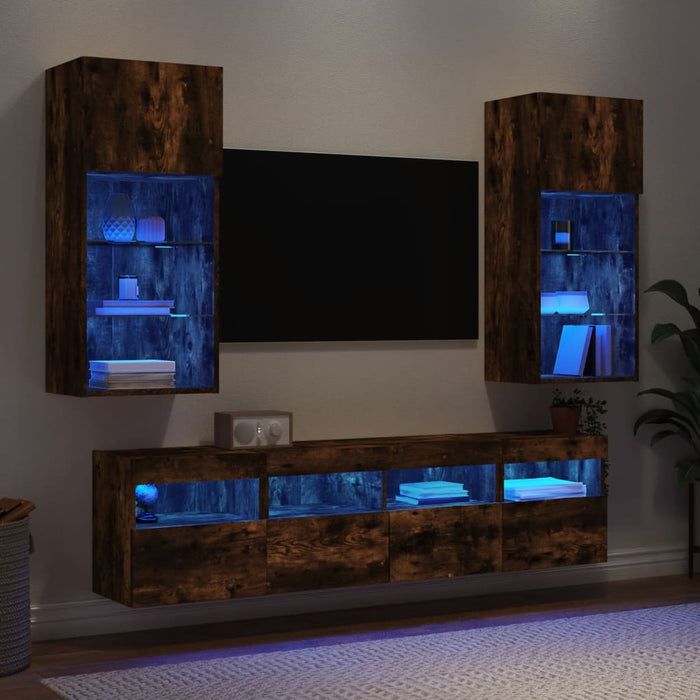 Mobili TV a Muro con LED 5pz Rovere Fumo in Legno Multistrato 3216747