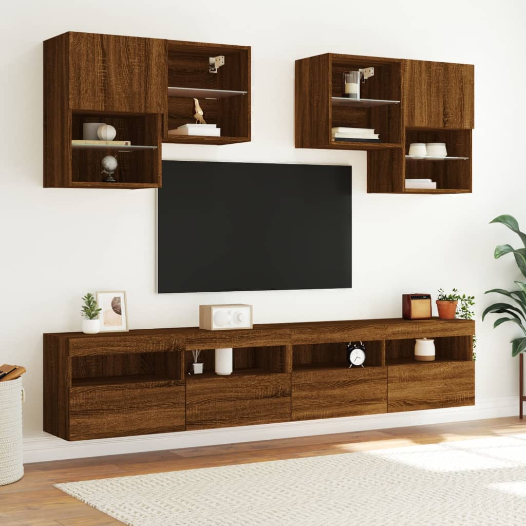 Set Mobili TV a Muro 6 pz con Luci LED Rovere Marrone 3216756