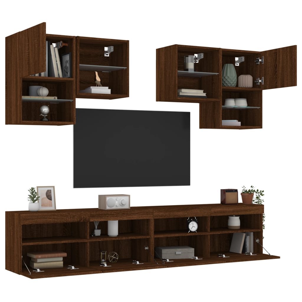 Set Mobili TV a Muro 6 pz con Luci LED Rovere Marrone 3216756