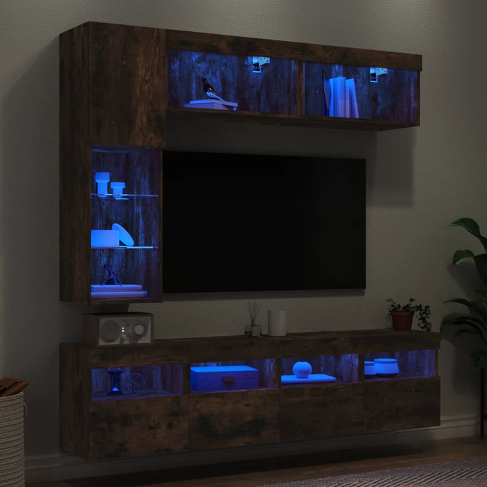 Set Mobili TV a Muro 7 pz con Luci LED Rovere Fumo 3216761