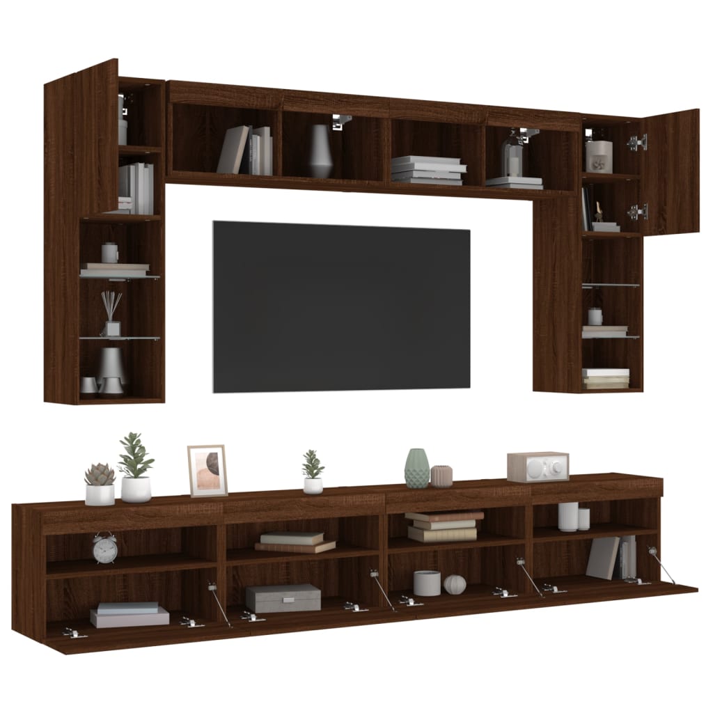 Set Mobili TV a Muro 8 pz con Luci LED Rovere Marrone 3216770