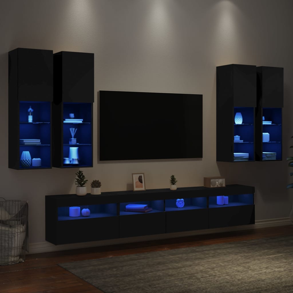 Set Mobili TV a Muro 7 pz con Luci LED Nero 3216772