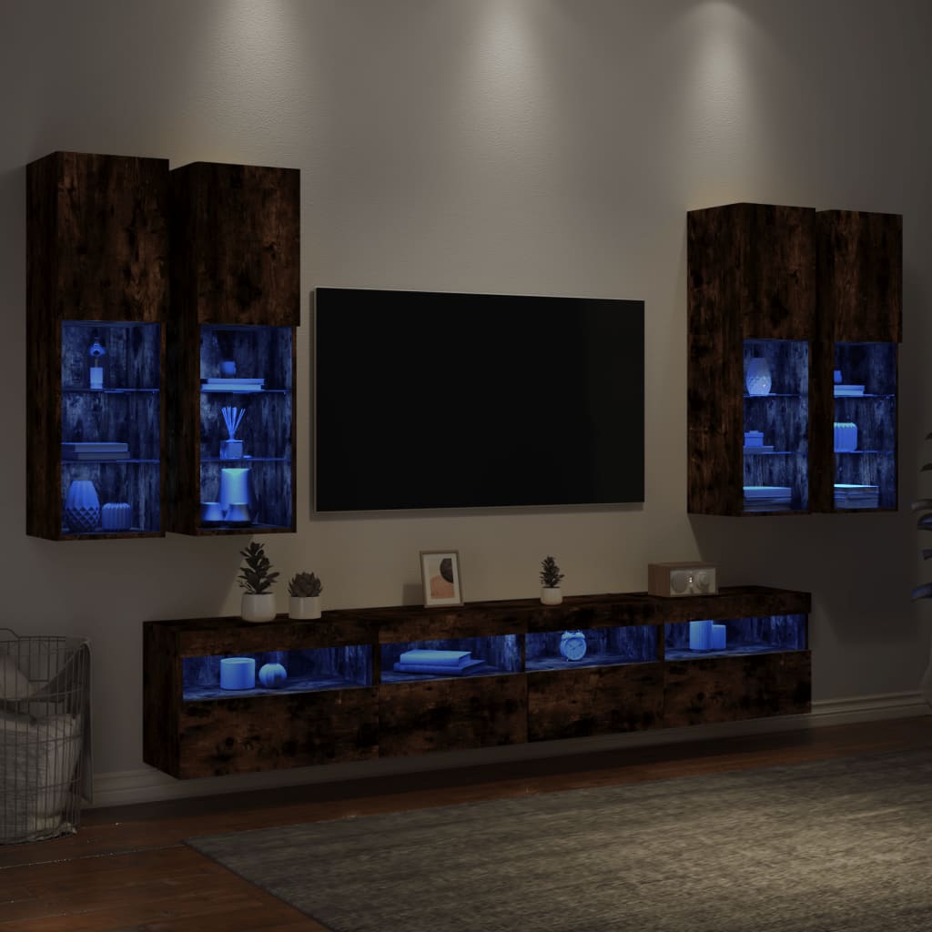 Set Mobili TV a Muro 7 pz con Luci LED Rovere Fumo 3216775