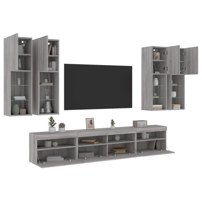 Set Mobili TV a Muro 7 pz con Luci LED Grigio Sonoma 3216776