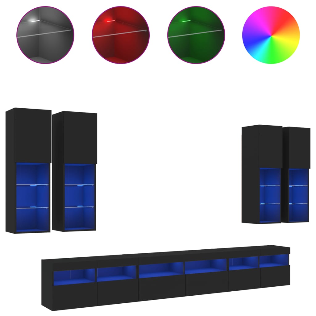 Set Mobili TV a Muro 7 pz con Luci LED Nero 3216779