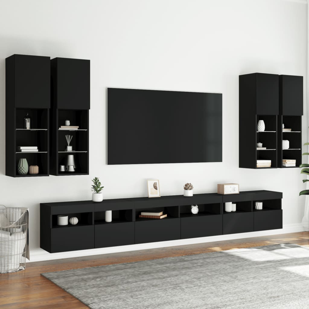 Set Mobili TV a Muro 7 pz con Luci LED Nero 3216779