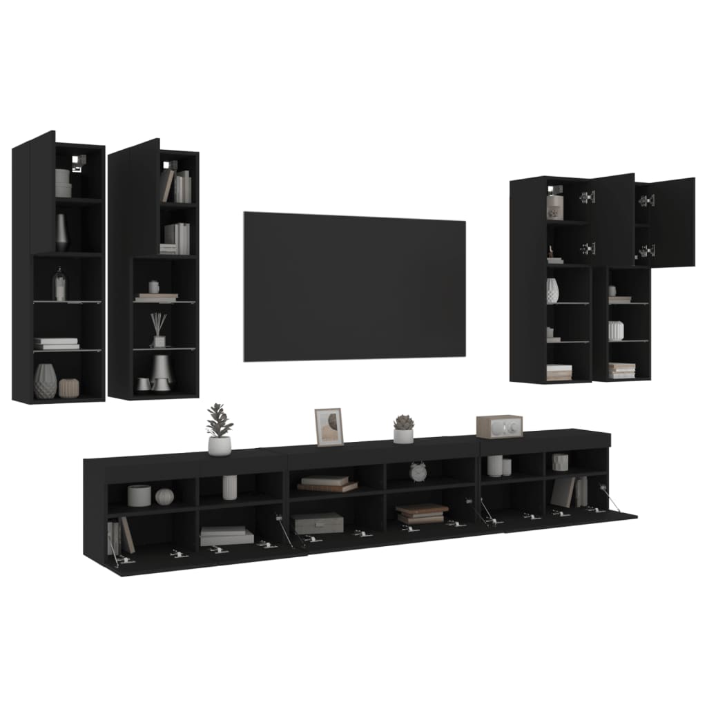 Set Mobili TV a Muro 7 pz con Luci LED Nero 3216779