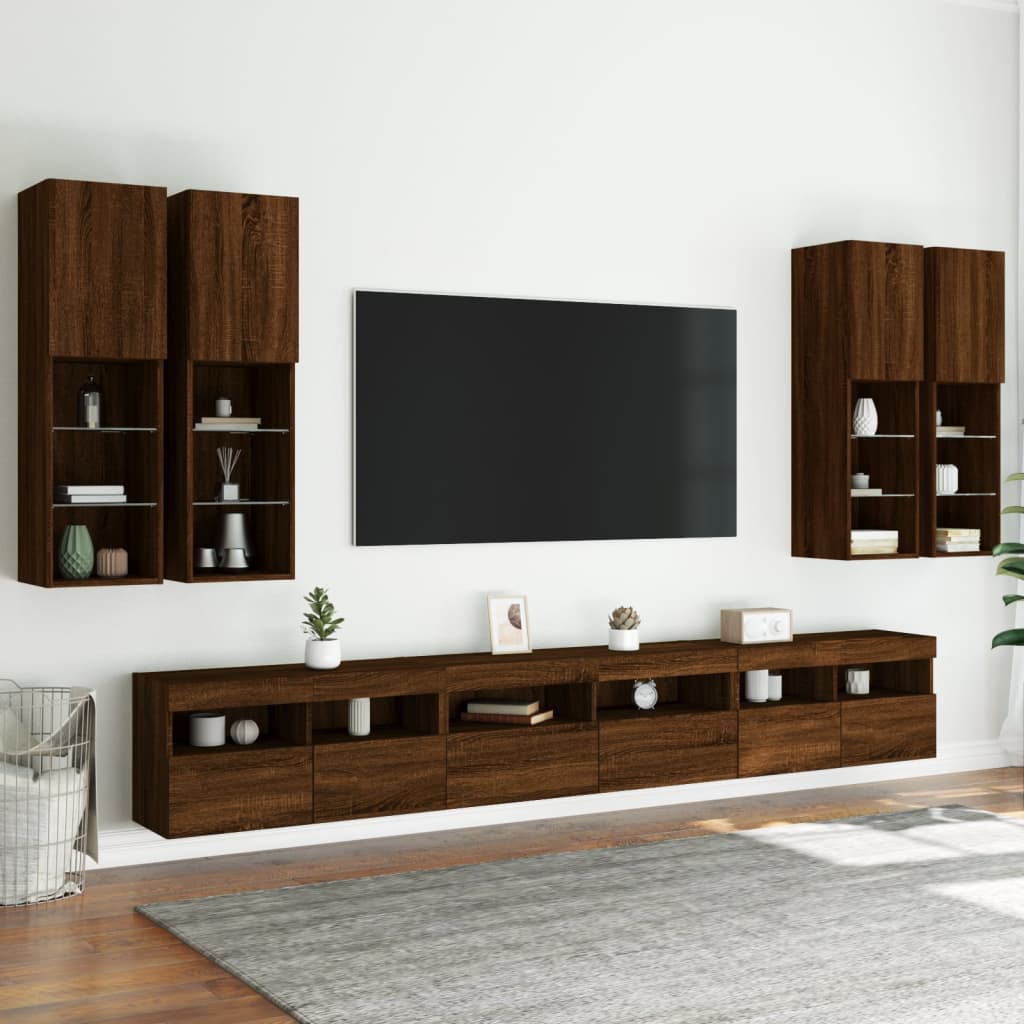 Set Mobili TV a Muro 7 pz con Luci LED Rovere Marrone 3216784