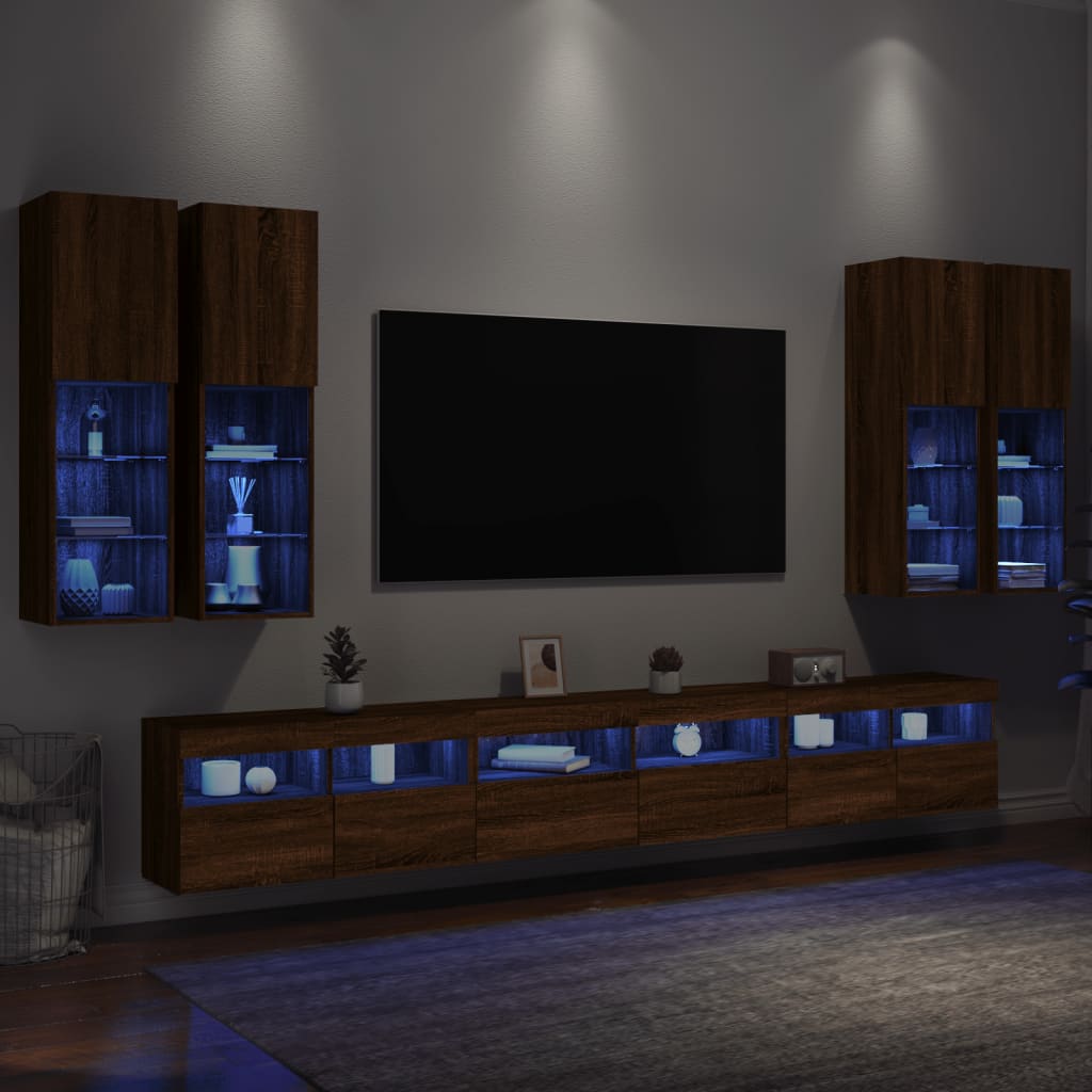 Set Mobili TV a Muro 7 pz con Luci LED Rovere Marrone 3216784