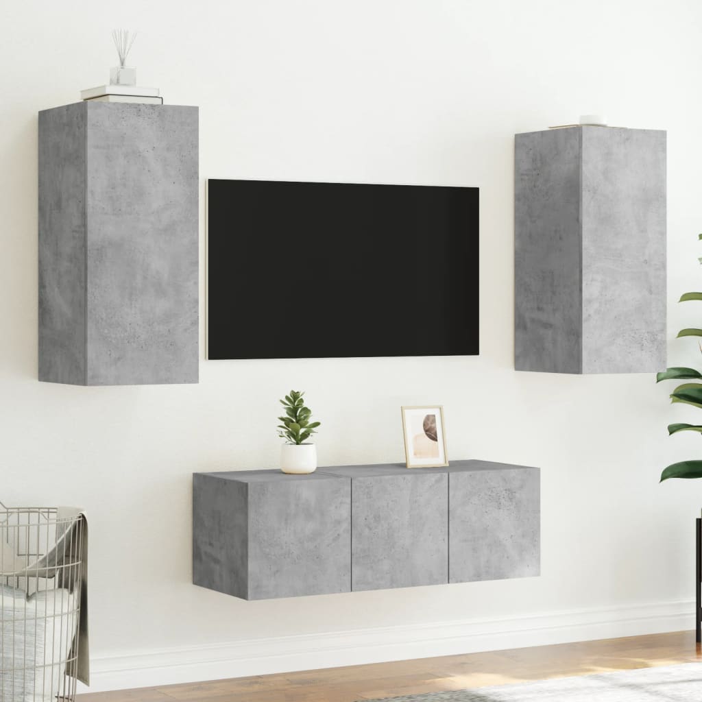 Mobili TV a Muro con LED 4pz Grigio Cemento Legno Multistrato 3216807