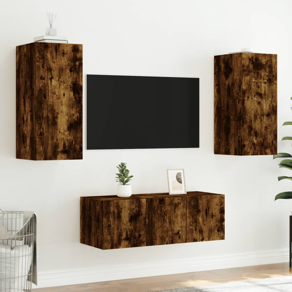 Mobili TV a Muro con LED 4pz Rovere Fumo in Legno Multistrato 3216808