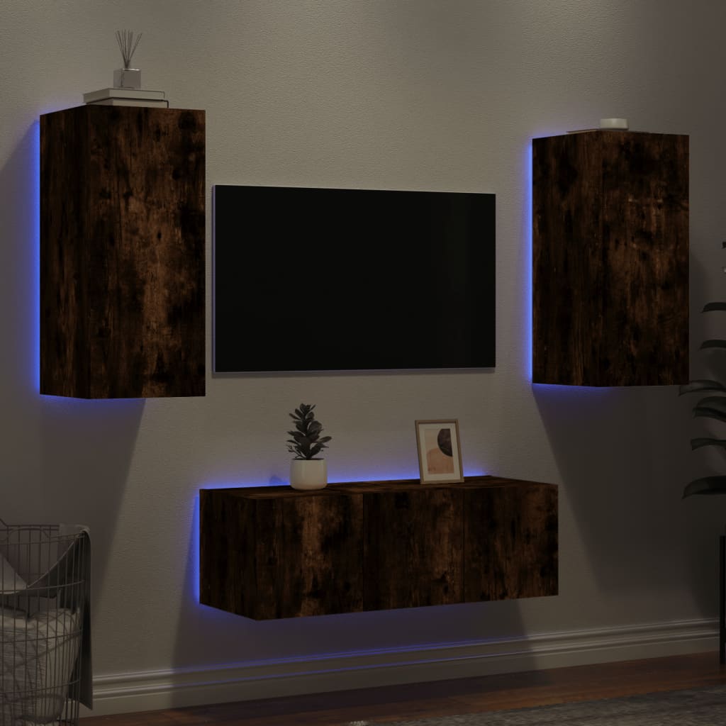 Mobili TV a Muro con LED 4pz Rovere Fumo in Legno Multistrato 3216808