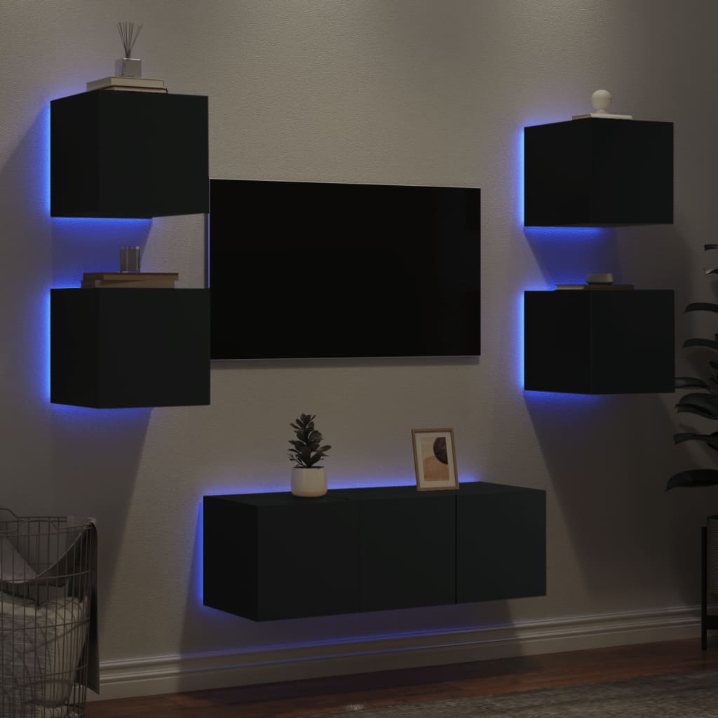 Mobili TV a Muro con LED 6pz Neri in Legno Multistrato 3216812