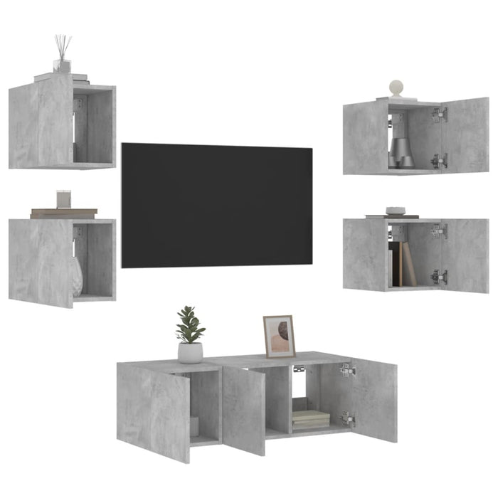 Mobili TV a Muro con LED 6pz Grigio Cemento Legno Multistrato 3216814