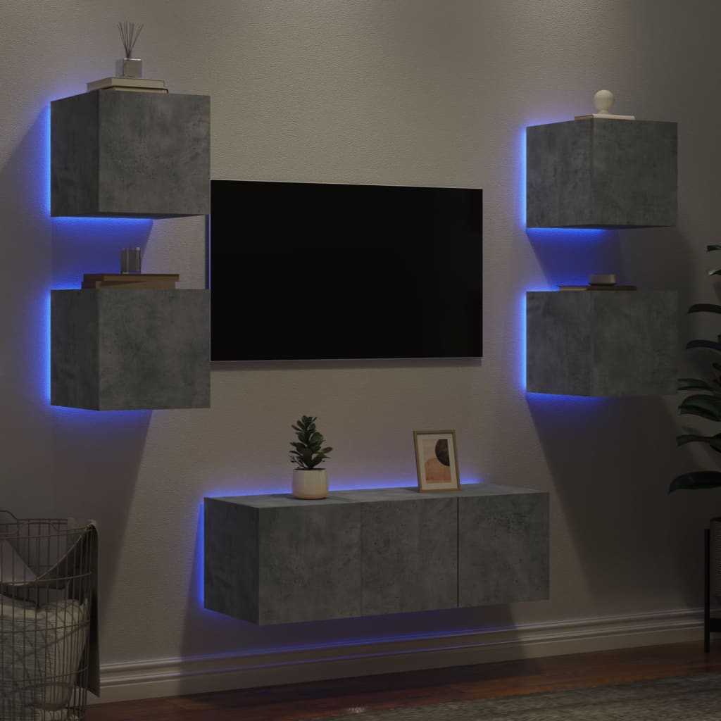 Mobili TV a Muro con LED 6pz Grigio Cemento Legno Multistrato 3216814