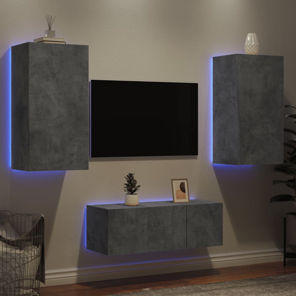 Mobili TV a Muro con LED 4pz Grigio Cemento Legno Multistrato 3216821