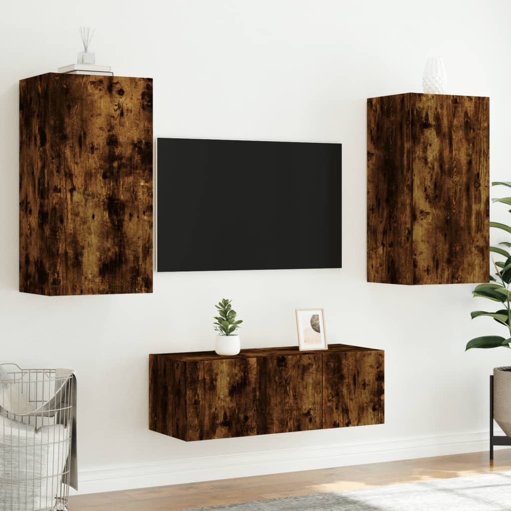 Mobili TV a Muro con LED 4pz Rovere Fumo in Legno Multistrato 3216822