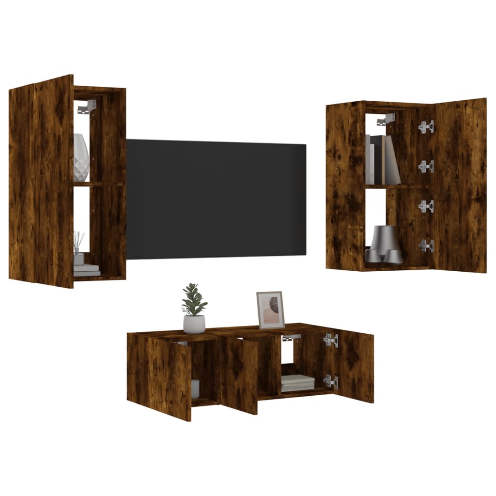 Mobili TV a Muro con LED 4pz Rovere Fumo in Legno Multistrato 3216822