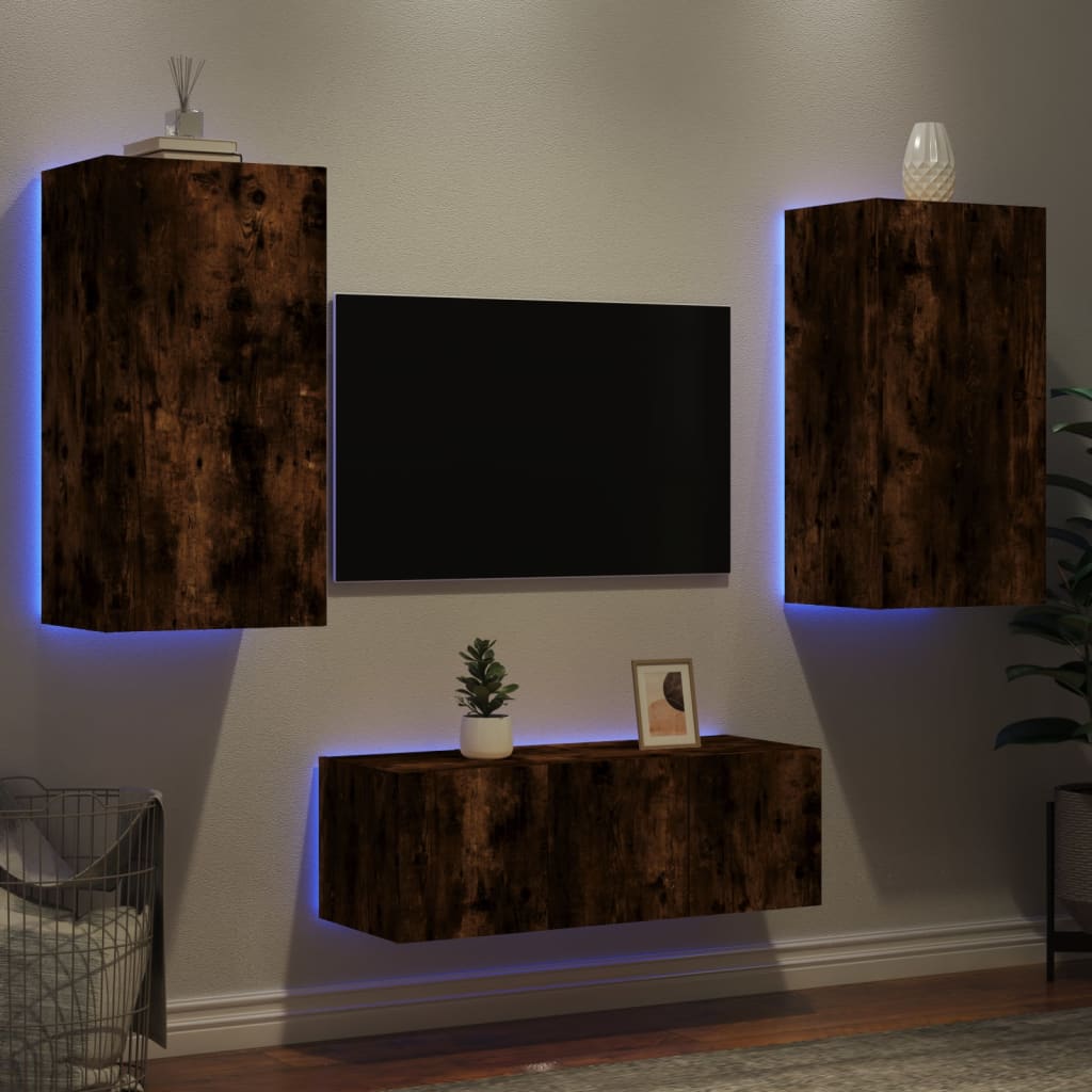 Mobili TV a Muro con LED 4pz Rovere Fumo in Legno Multistrato 3216822