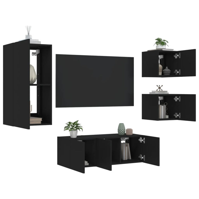 Mobili TV a Muro con LED 5pz Neri in Legno Multistrato 3216826