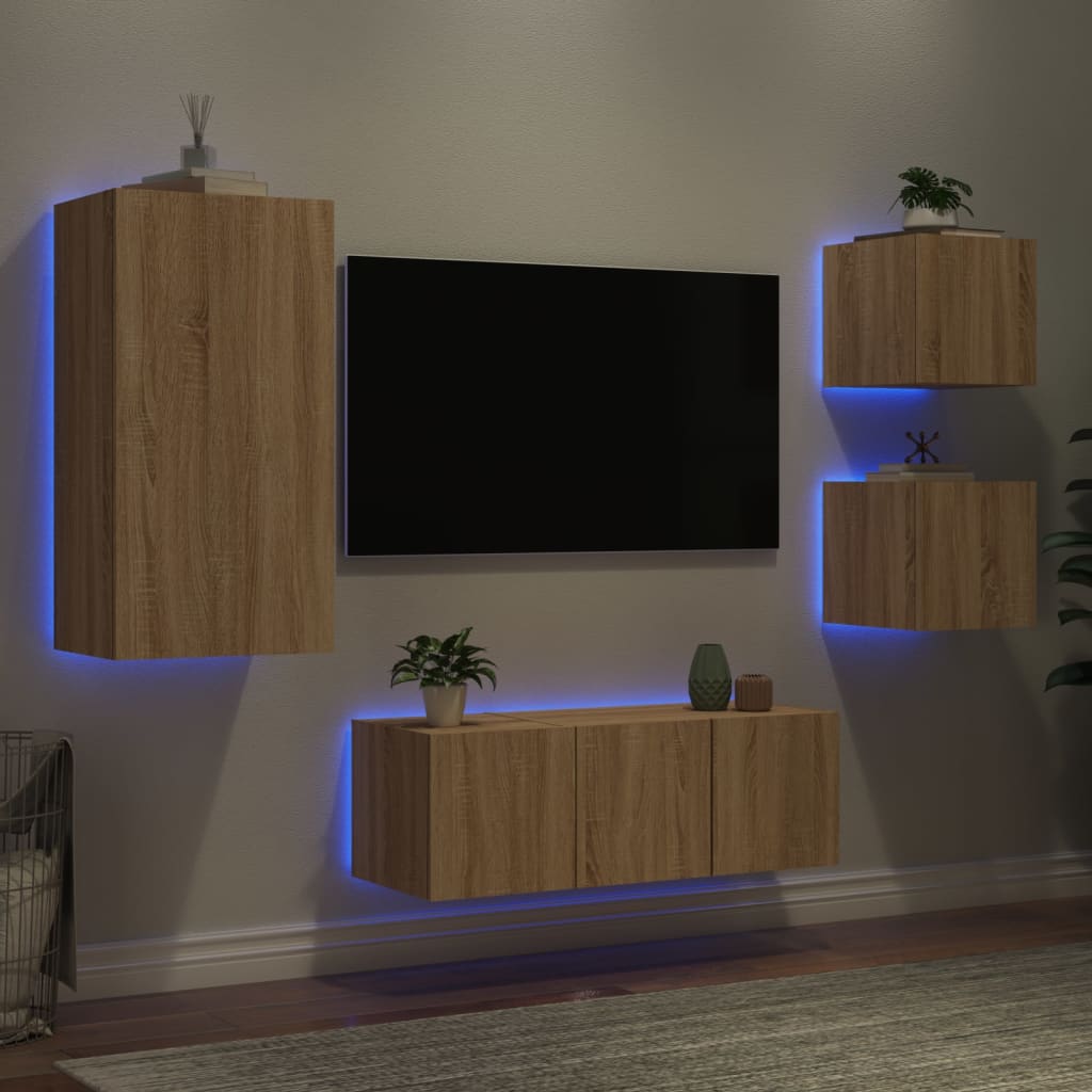 Mobili TV a Muro con LED 5pz Rovere Sonoma Legno Multistrato 3216827