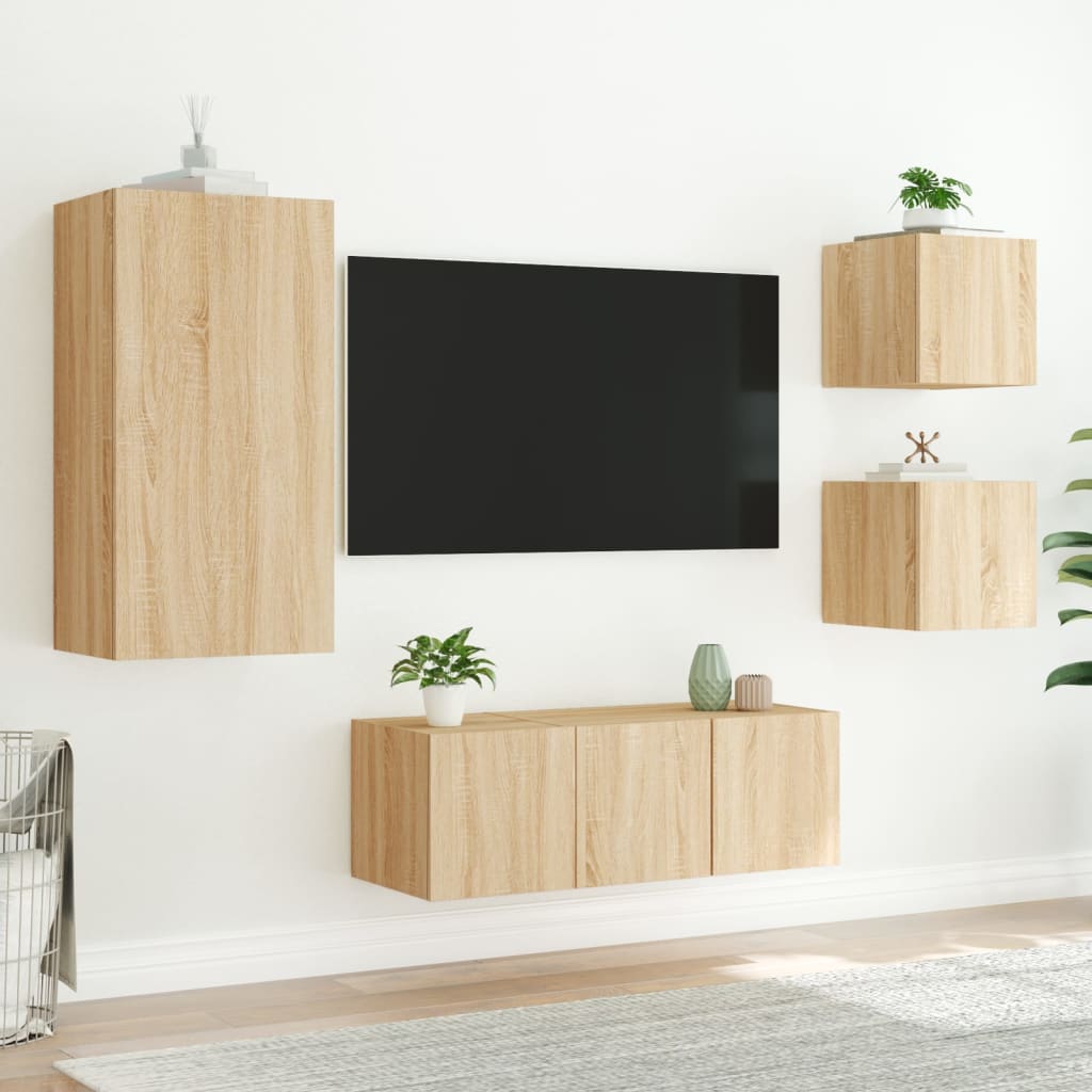 Mobili TV a Muro con LED 5pz Rovere Sonoma Legno Multistrato 3216827