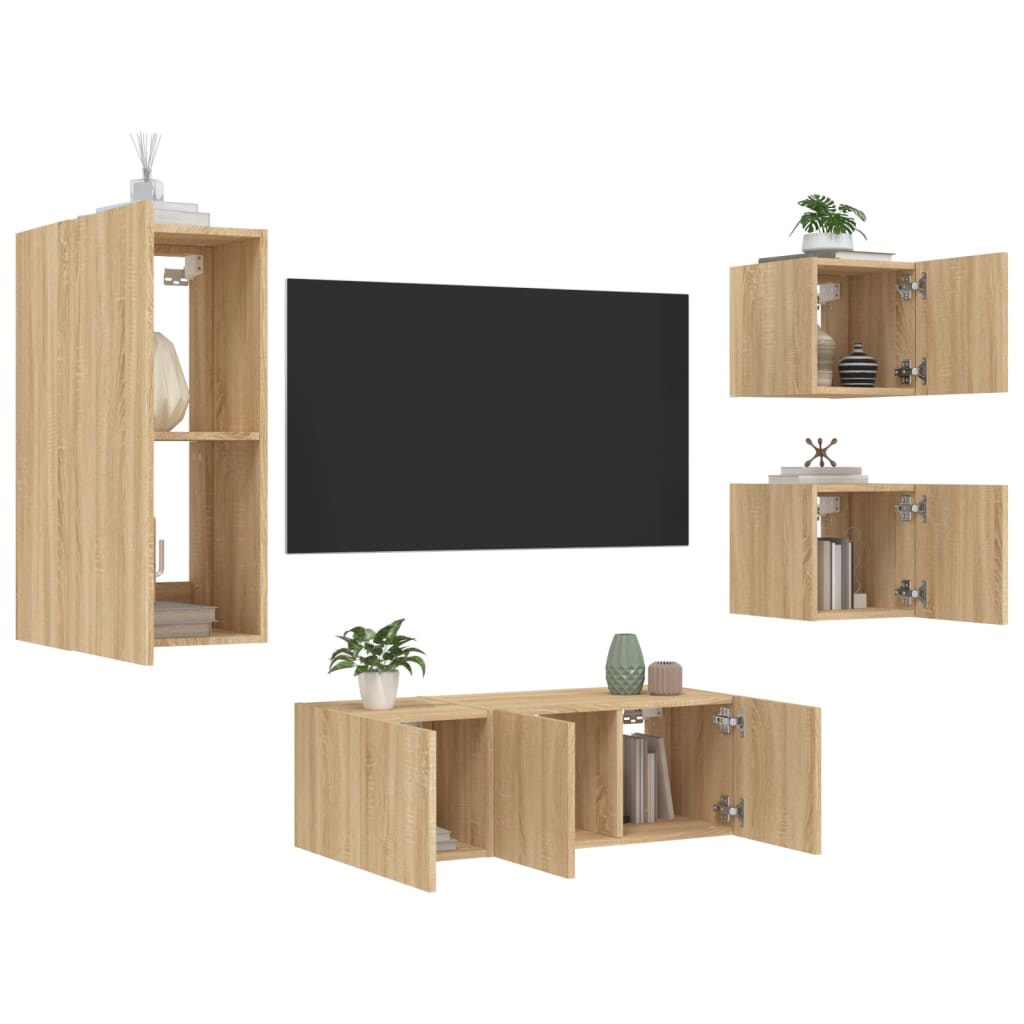 Mobili TV a Muro con LED 5pz Rovere Sonoma Legno Multistrato 3216827