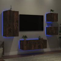 Mobili TV a Muro con LED 5pz Rovere Fumo in Legno Multistrato 3216829