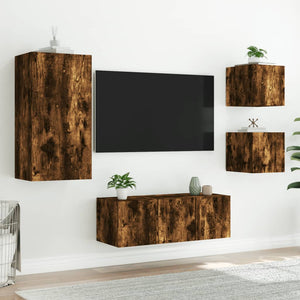 Mobili TV a Muro con LED 5pz Rovere Fumo in Legno Multistrato 3216829