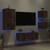 Mobili TV a Muro con LED 5pz Rovere Fumo in Legno Multistrato 3216829