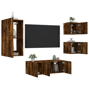 Mobili TV a Muro con LED 5pz Rovere Fumo in Legno Multistrato 3216829