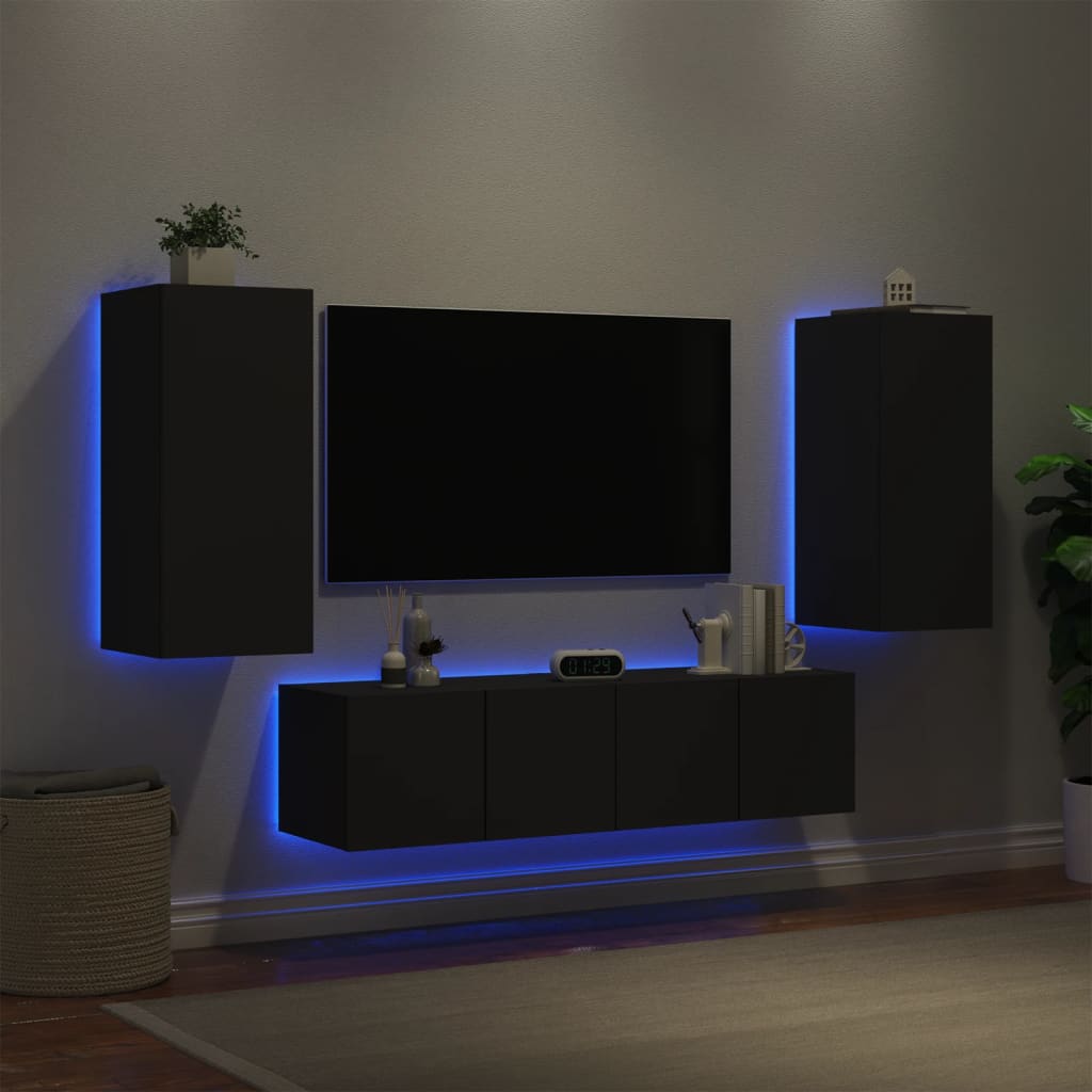 Mobili TV a Muro con LED 4pz Neri in Legno Multistrato 3216840