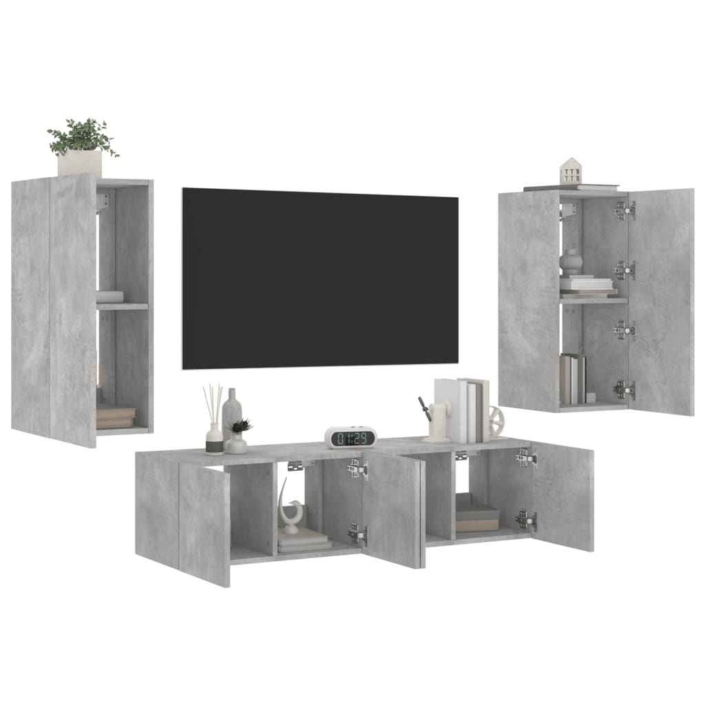 Mobili TV a Muro con LED 4pz Grigio Cemento Legno Multistrato 3216842